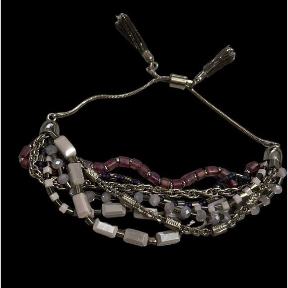 NEW Multi Strand Silver Tone Purple Slide Bracelet with Silver Gray Tassels - Picture 6 of 6